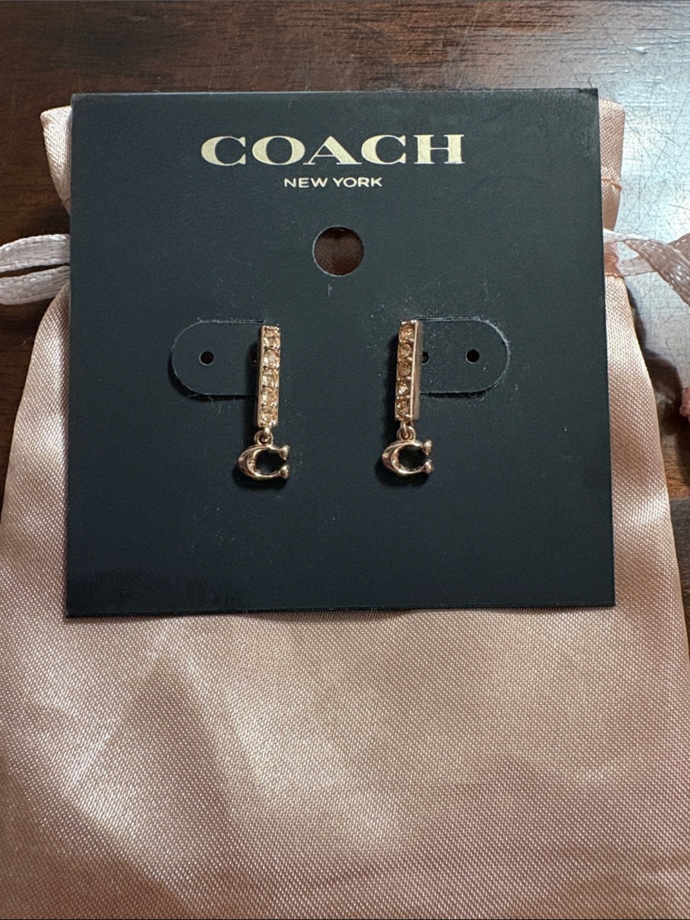 COACH  Rose Gold Crystal Bar Charm Drop Earrings